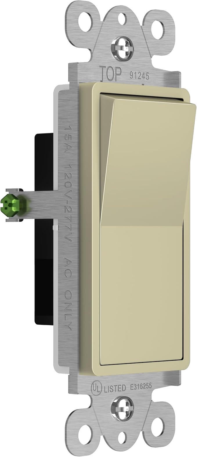 ENERLITES Momentary Contact Decorator Light Switch for Garbage Disposals, Spring Release Paddle, 120-277VAC 15A, Single-Pole, UL Listed, 91245-I, Ivory