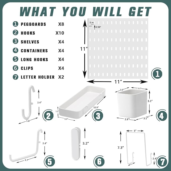 Pegboard Combination Kit, 25.2" x 50.4" Wall Mounted Storage Set with 8 Pegboards & 40 Accessories Hanging, Peg Boards Organizer