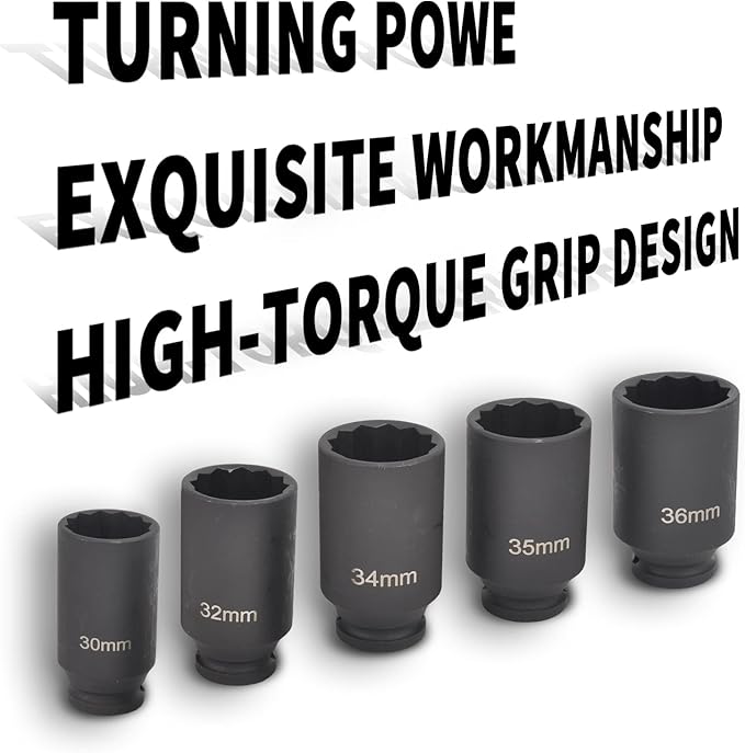 5Pcs 1/2" Drive Deep Impact Socket Set 12 Point Metric 30mm 32mm 34mm 35mm 36mm Drive Spindle Axle Hub Nut Socket Set,Heavy Duty w/Portable Storage Case,Use In Removing And Installing Axle Nuts