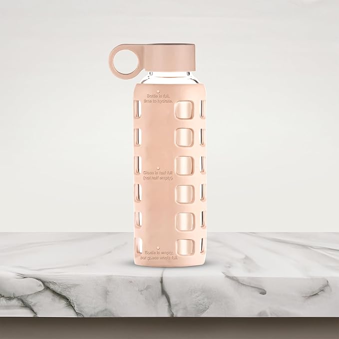 purifyou Premium 40/32 / 22/12 oz Glass Water Bottles with Volume & Times to Drink, Silicone Sleeve & Stainless Steel Lid Insert, Reusable Bottle for Fridge Water, Milk, Juice (12oz Hazelnut)