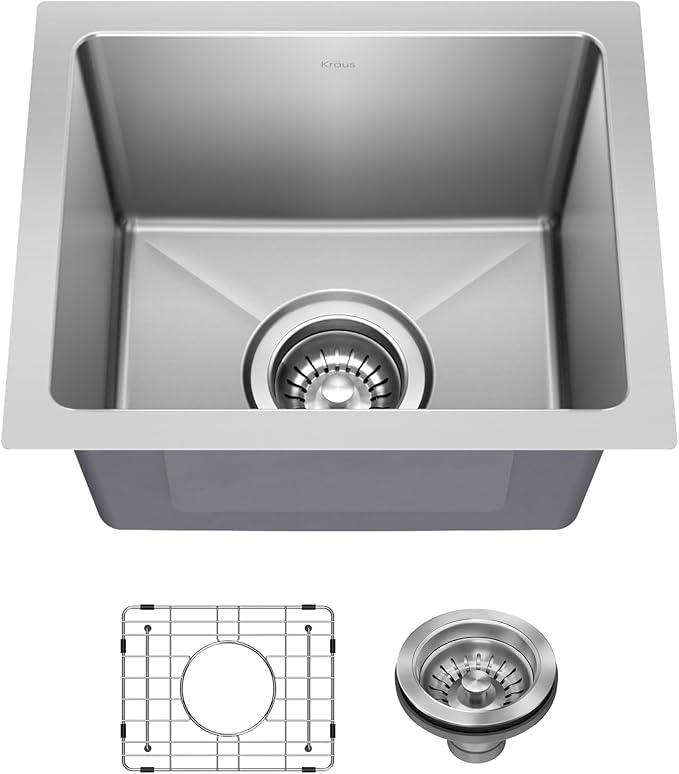 KRAUS Fairlane 15-inch Undermount Single Bowl 18-Gauge Stainless Steel Kitchen Bar Sink, KHU631-15