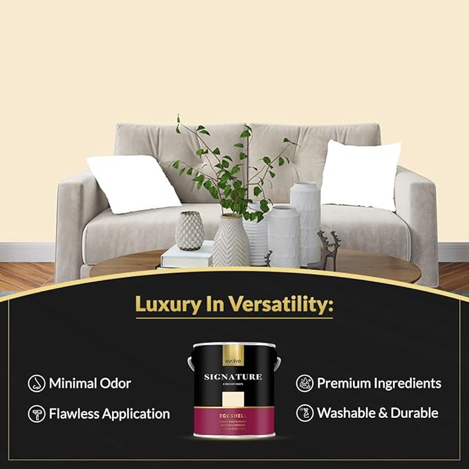 EVOLVE Signature Paint & Primer: Luxury Paint & Primer for Indoor & Outdoor Surfaces, Minimal Odor, Eggshell Sheen (Cream Beige, 1 Gallon)