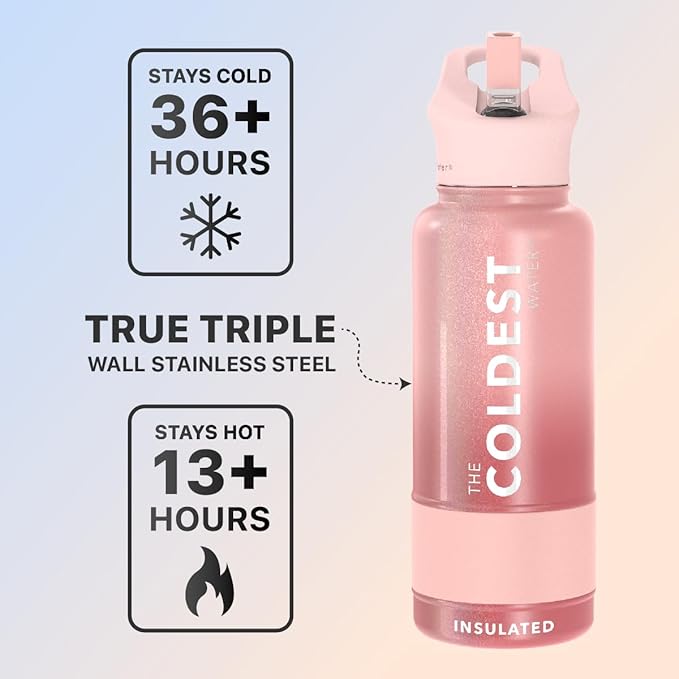 Coldest Sports Water Bottle with Straw Lid Vacuum Insulated Stainless Steel Metal Thermos Bottles Reusable Leak Proof Flask for Sports Gym (32 oz, Bellatrix Pink)