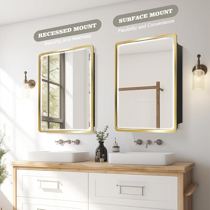 16×26inch Medicine Cabinet,Mirror Cabinet with Beveled Mirror,Solf Close Hinge,Brushed Aluminum Framed,Detachable Side Plate for Recess Mount or Surface Mount,Gold