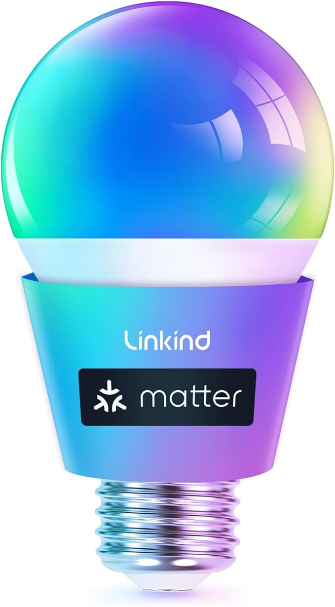 Linkind Matter Smart Light Bulb, Smart Bulbs Work with Alexa/Apple Home/Google Home, Color Changing Light Bulbs Music Sync, Preset Scenes, Mood Lights, 2.4Ghz WiFi Only, A19 E26 60W 1 Pack