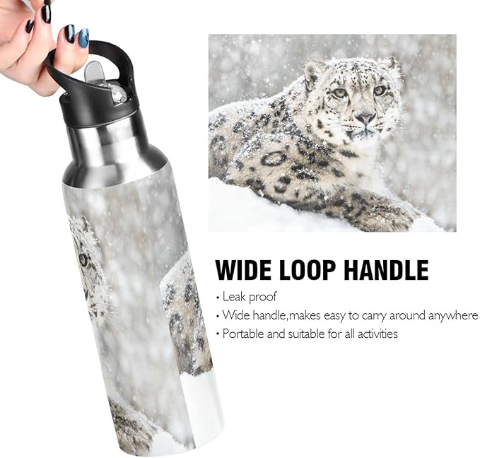 senya 34 Oz Water Bottle with Straw Snow Leopard Stainless Steel Water Bottle for Traveling Sports Leakproof Insulated Water Bottle