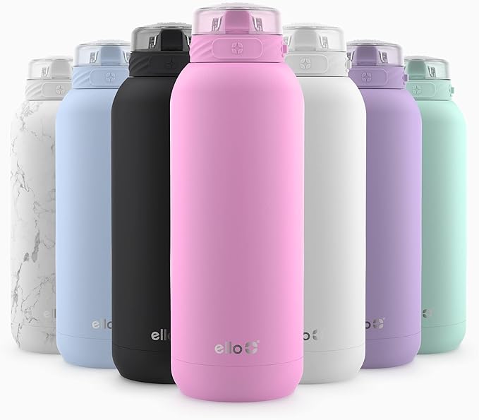 Ello Cooper 40oz Stainless Steel Water Bottle with Straw and Carry Handle, Double Walled and Vacuum Insulated Metal, Leak Proof Locking Lid with Soft Silicone Spout, Reusable, BPA Free, Bubblegum