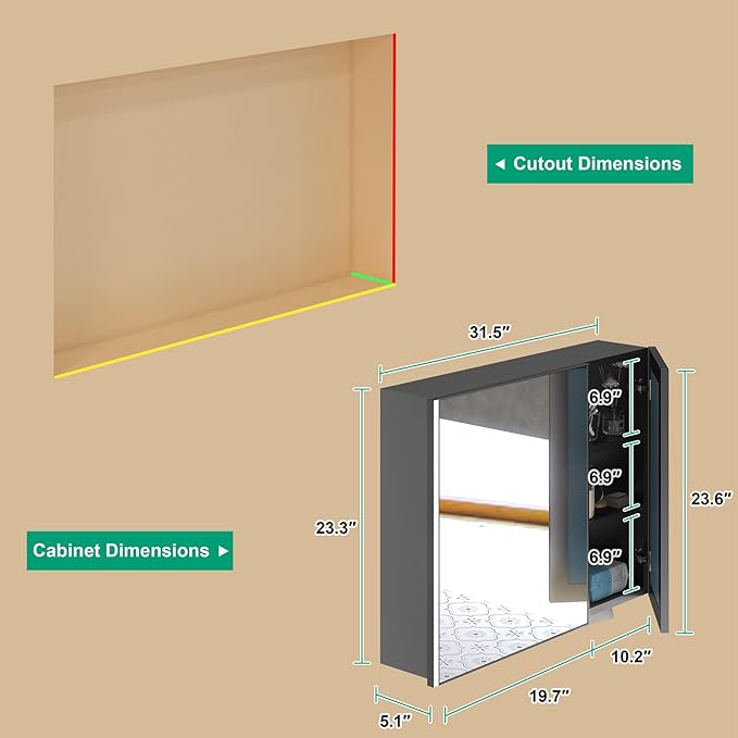 32x24 Inch Medicine Cabinet with LED Light Mirror, Brightneess Adjustable and Full-Assembled Bathroom Aluminum Cabinet with Storage, Surface or Recessed Tempered Cabinet, Farmhouse Black