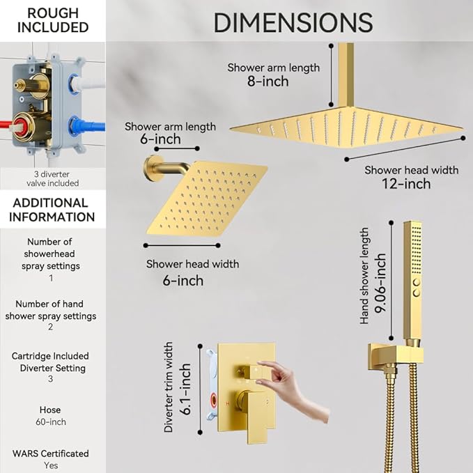Brushed Gold Shower System, STARBATH Ceiling Mount Shower Set 12+6'' Wall Mount Rainfall Showerhead with Handheld 2 Functions High-Pressure Spray, Dual Rain Shower Faucet Set with Valve Complete