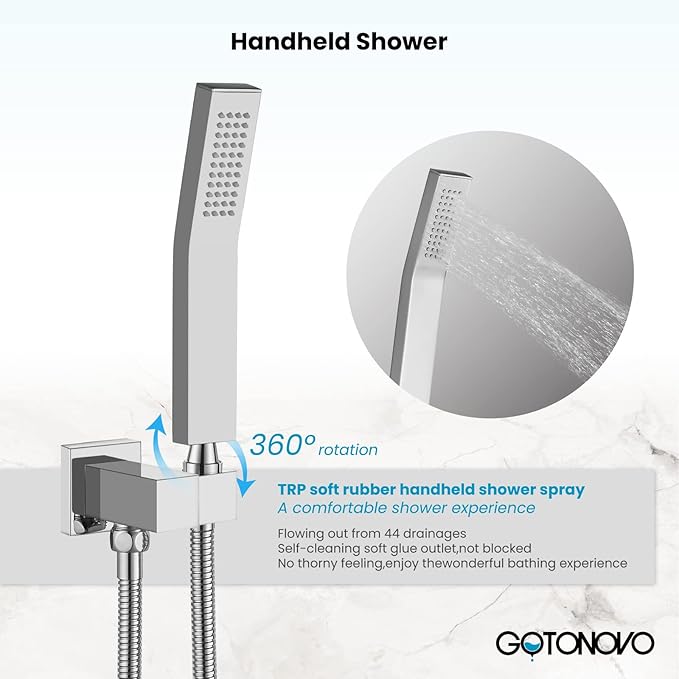 gotonovo Rainfall Tub Shower Faucet Set Bathroom Shower System with Tub Spout Wall Mount Square High Pressure Shower Fixtures with Handheld Sprayer Rough-In Valve 8'' Shower Head,Polished Chrome