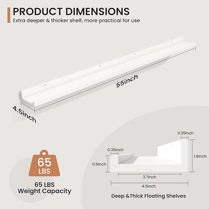 Fun Memories Picture Ledge Shelves Set of 2, 55 Inch Rustic Wall Mounted Floating Shelves with Lip for Home Storage and Décor in Bathroom, Kitchen, Nursery, Bedroom, Living Room, White