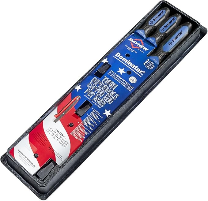 Mayhew Tools 14071BL Dominator Pro 3-Piece Pry Bar Set, 12", 17" & 25" Curved Pry Bars, Blue