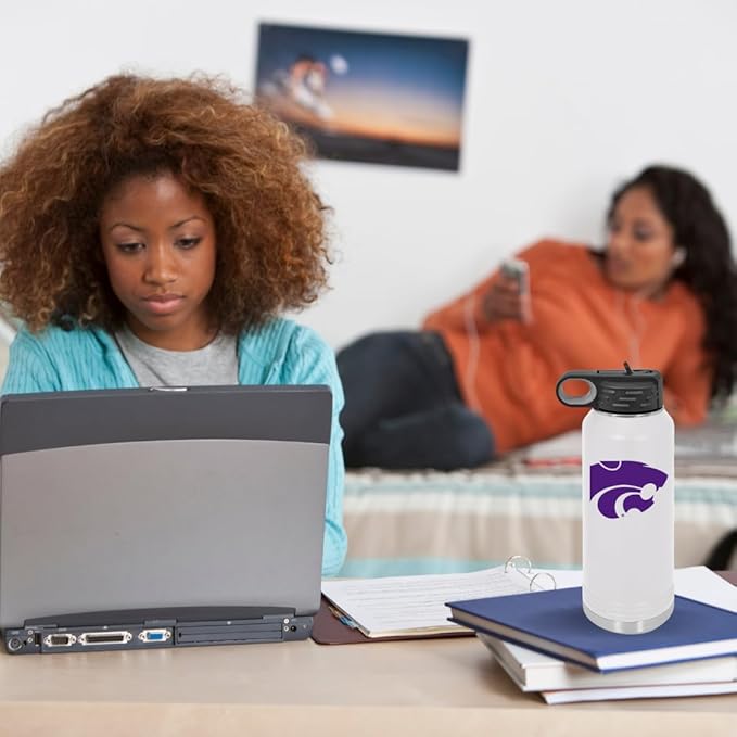 Kansas State University 32oz Stainless Steel Double Walled White Beverage Bottle with Flip Straw Spout - College Gear for Playoff Season – For Office, Home or Auto – Show your Wildcat Pride