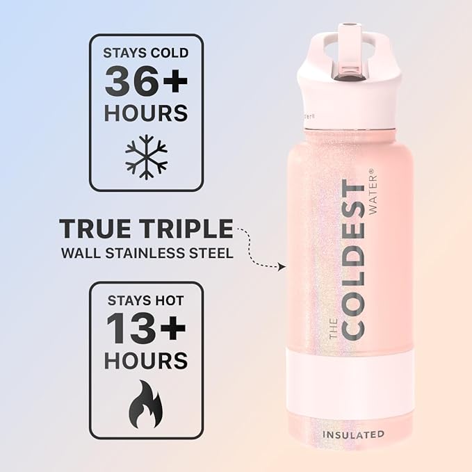 Coldest Sports Water Bottle with Straw Lid Vacuum Insulated Stainless Steel Metal Thermos Bottles Reusable Leak Proof Flask for Sports Gym (32 oz, Forever Pink Glitter)