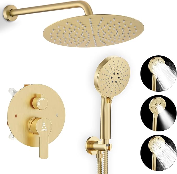 Shower Faucet Set Brass 10IN Rough-In Valve Body Trim Kit Rainfall Included Handle Accessories Complete 2 Functions with Rain Head and Handheld Bathroom Systems (10'', Brushed Gold)