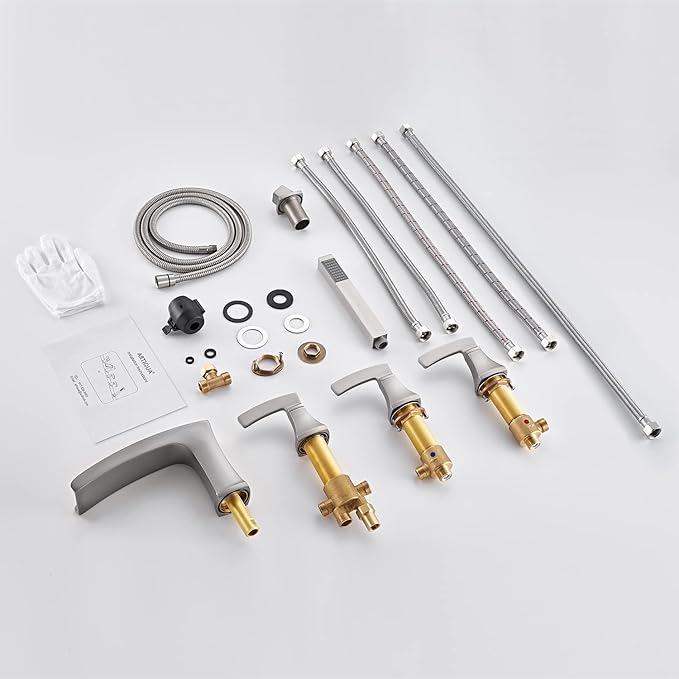 Roman Tub Faucet Waterfall Deck Mount Tub Filler Brushed Nickel Bathtub Faucets 5 Hole Brass Bathroom Faucets with Hand Shower