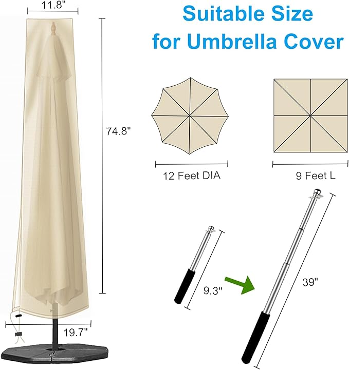 OKPOW Patio Umbrella Cover for 9ft to 12ft Outdoor Umbrellas - 420D Waterproof Garden Market Umbrella Cover Outside Parasol Covers with Zipper for Deck Pool Beach Umbrellas, Khaki