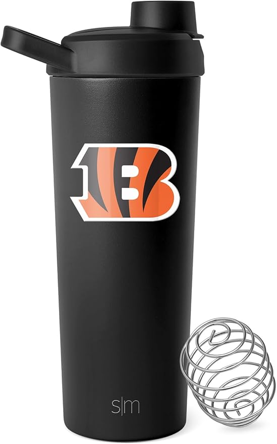 Simple Modern Officially Licensed NFL Cincinnati Bengals Stainless Steel Shaker Bottle with Ball 24oz | Metal Insulated Cup for Protein Mixes Shake Pre Workout | Rally Collection | Cincinnati Bengals
