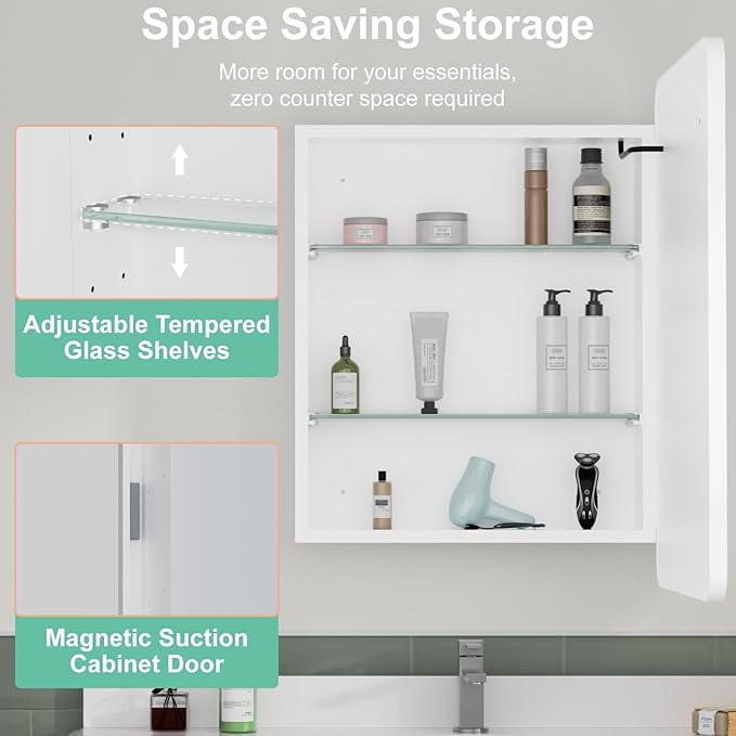 20x28 Inch Medicine Cabinet with Mirror, Recessed or Surface Mount Bathroom Medicine Cabinet with LED Lights, Anti-Fog, Memory Function, Adjustable Shelf, Dimmable Light, ETL Listed, White,Right Hinge