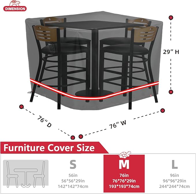 Turtle Life Patio Furniture Sets Cover, Heavy Duty Square Durable Waterproof Outdoor UV Resistant Anti-Fading Dining Table Chairs Furniture Cover, Black, 76"Lx76"W x 29"H