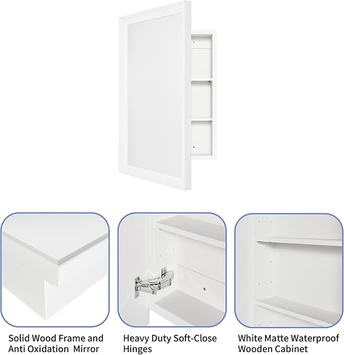 Retro-Style Medicine Cabinet with 17’’x27’’ Solid Wood Mirror Frame, Bathroom Recessed Wall Cabinet, Living Room Wood Storage Cabinet, White