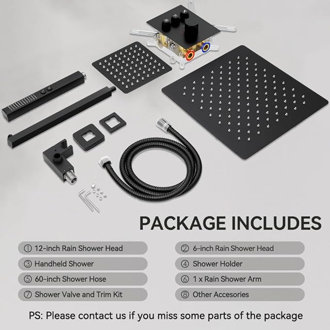 Thermostatic Shower System Matte Black, STARBATH Shower Faucets Sets 12+ 6" Wall Mount Rain Shower and 2 in 1 Handhled, Can Use All at Once, Push Button 3 Modes Valve and Trim Kit Complete Shower Set