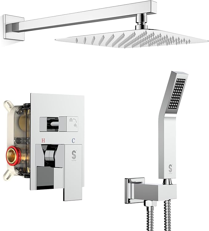 SR SUN RISE SRSH-F5043 Bathroom Luxury Rain Mixer Combo Set Wall Mounted Rainfall Shower Head System Polished Chrome, (Contain Faucet Rough-in Valve Body and Trim)