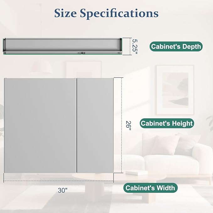 Bathroom Medicine Cabinet with Mirror, 30 Inch x 26 Inch Bathroom Mirror Cabinet with Double Door & Adjustable Shelves, Surface Mount or Recess Installation