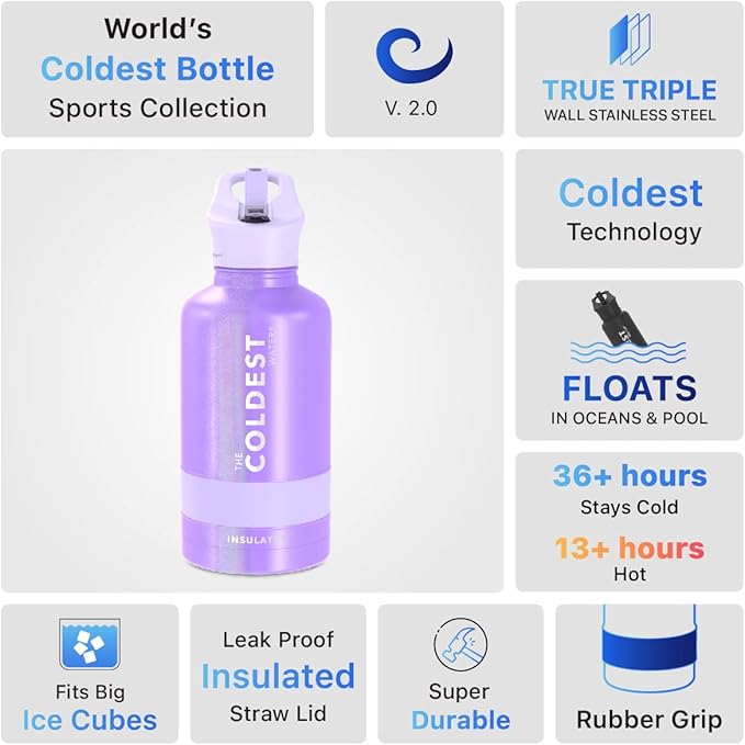 Coldest Sports Water Bottle with Straw Lid Vacuum Insulated Stainless Steel Metal Thermos Bottles Leak Proof Flask for Sports Gym (64 oz, Saturn's Moon Purple Glitter)