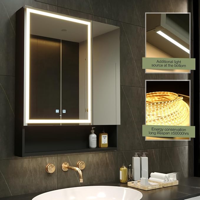 KWW LED Lighted Bathroom Medicine Cabinet with Sockets & USBs, Defogger, Dimmable, 3 Color Light Makeup Mirror, Easy to Install, Wall Mounted Cabinet (30 * 34)