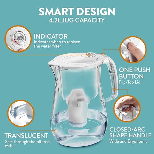 Nakii by Aquaphor Elegant Water Filter Pitcher, Powerful Ion and Aquelen Filtration System, Long Lasting Filter, Filters Chlorine, Lead, Heavy Metal, Remove Lime-scale, Filter Change Indicator, 17 Cup