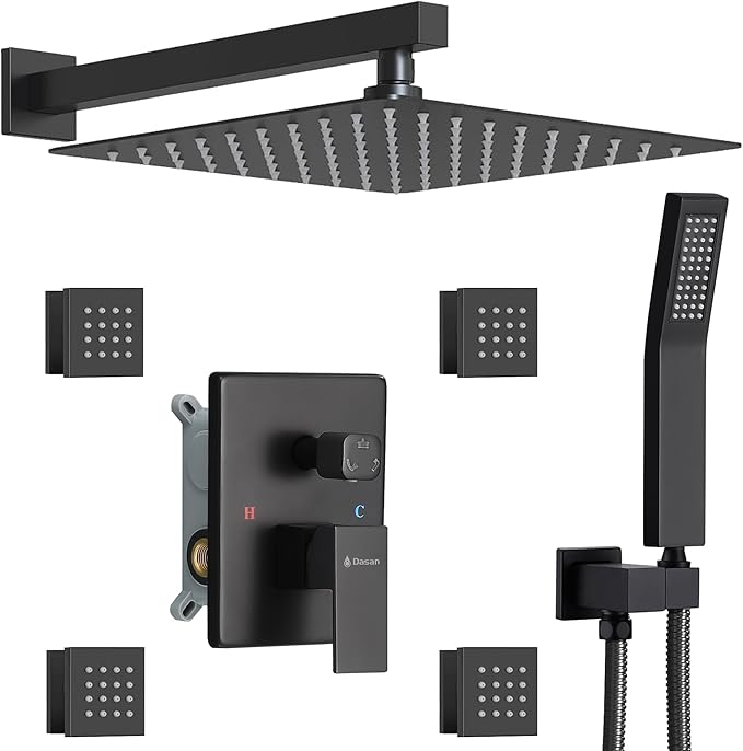 Full Body Rain Shower System with 4 Body Shower Jets & 12’’ Wall Mount Rainfall Shower Head & Handheld, DASAN Multi Shower Head System Matte Black Rain Shower Faucets sets Combo with Rough-in Valve