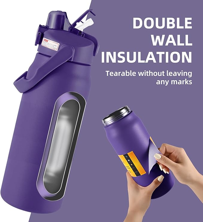 50oz/1.5L Insulated Sports Water Bottle, Stainless Steel Double Wall Water Jug with Handle, 2-in-1 Chug Spout and Straw Lid with Lock Cover for School, Outdoor, Sports & Travel, Purple