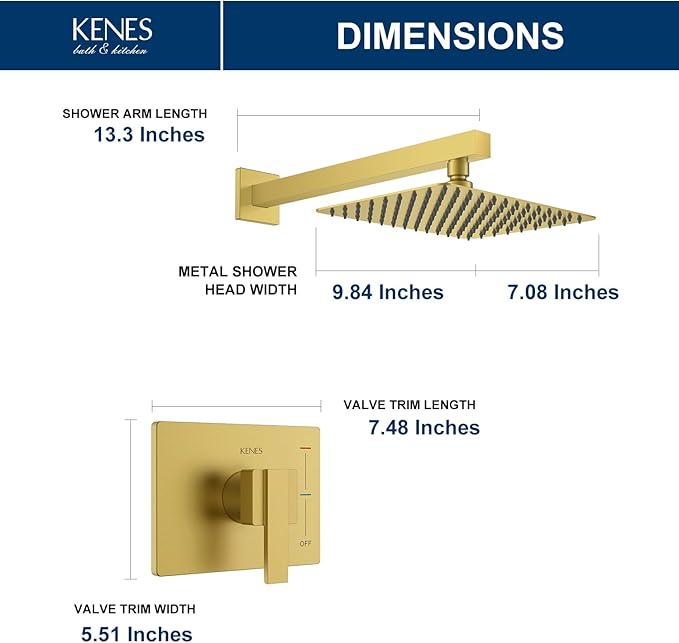 KENES Brushed Gold Shower Faucet, Modern Square Shower Trim Kit with Single-Spray Gold Shower Head, Wall Mount, KE-6024B-4 (Including Shower Valve)
