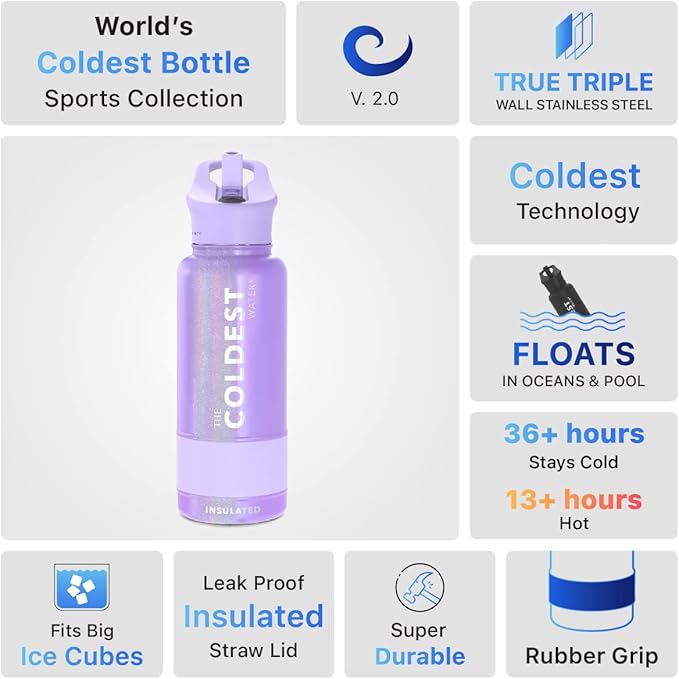 Coldest Sports Water Bottle with Straw Lid Vacuum Insulated Stainless Steel Metal Thermos Bottles Reusable Leak Proof Flask for Sports Gym(32 oz, Saturns Moon Purple Glitter)