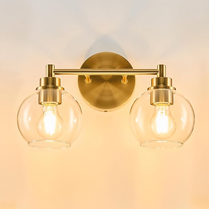 VONLUCE Bathroom Light Fixtures, 2-Light Vanity Light with Globe Glass Shades E26 Sockets, Bathroom Lights Over Mirror for Bedroom Hallway Living Room, Gold Finish