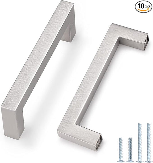 Probrico (10 Pack Kitchen Cabinet Handles 3-3/4" Holes Centers Stainless Steel Square Drawer Pulls Brushed Nickel 4-1/4" Overall Length