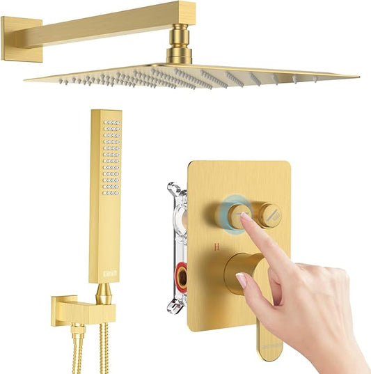 Brushed Gold Shower System, STARBATH 12 inch Rainfall Shower Head with Handheld Combo Set, Push Button Diverter 2 Functions Simultaneous Use, Bathroom Shower Faucet Set Rough in Valve Body and Trim