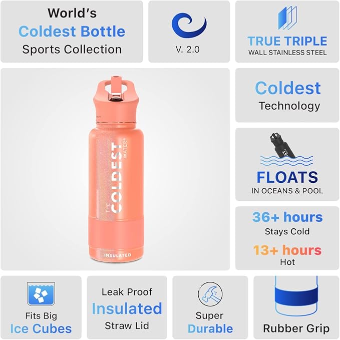 Coldest Sports Water Bottle with Straw Lid Vacuum Insulated Stainless Steel Metal Thermos Bottles Reusable Leak Proof Flask for Sports Gym (32 oz, Pink Froze Glitter)
