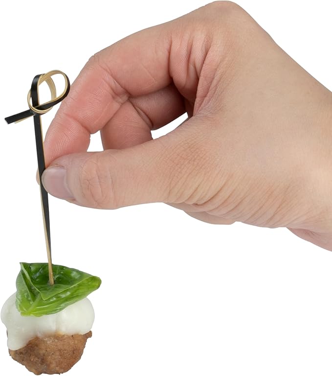 Restaurantware 6 Inch Twisted Bamboo Skewers 1000 Sturdy Disposable Bamboo Food Picks - Sturdy Looped Knot Black Bamboo Appetizer Picks Sustainable For Serving Appetizers and Cocktail Garnishes