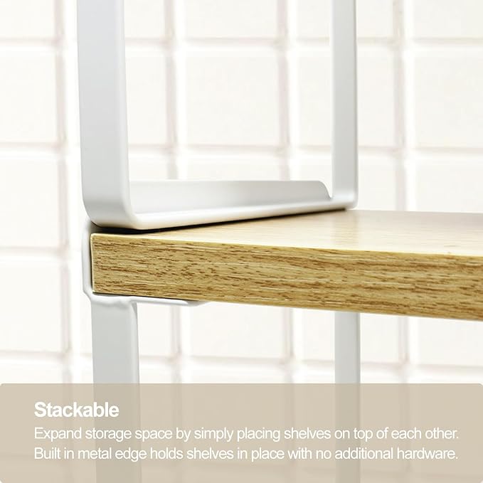 Mitus Shelf Organizer and Storage, Tiered Wood Cabinet Rack for The Kitchen Counter, Bathroom Counter, Pantry Cupboard, Office Desk Bookshelf, 12" Wide Natural and White (Large)