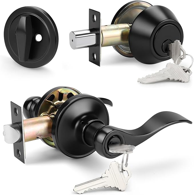 Probrico Front Door Entry Lever Lockset, Single Cylinder Deadbolt Combination Set, Flat Black Finish Keyed Alike Combo, Reversible for Right and Left Side 1Pack
