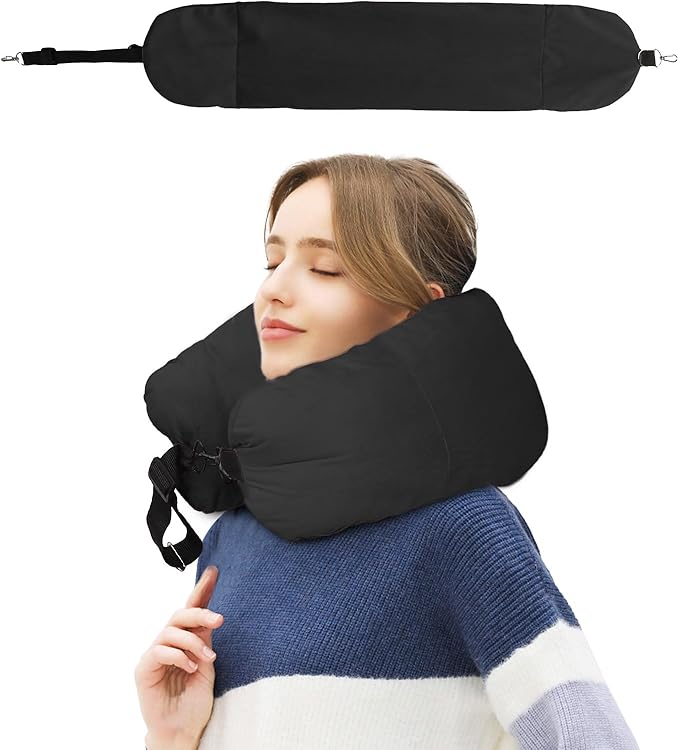 Stuffable Travel Pillow for Extra Luggage, Travel Neck Pillow Stuffable with Clothes, Stuffable Neck Pillow for Travel, Velvet Travel Neck Pillow Storage Bag, Fillable Luggage Pillow (Black)