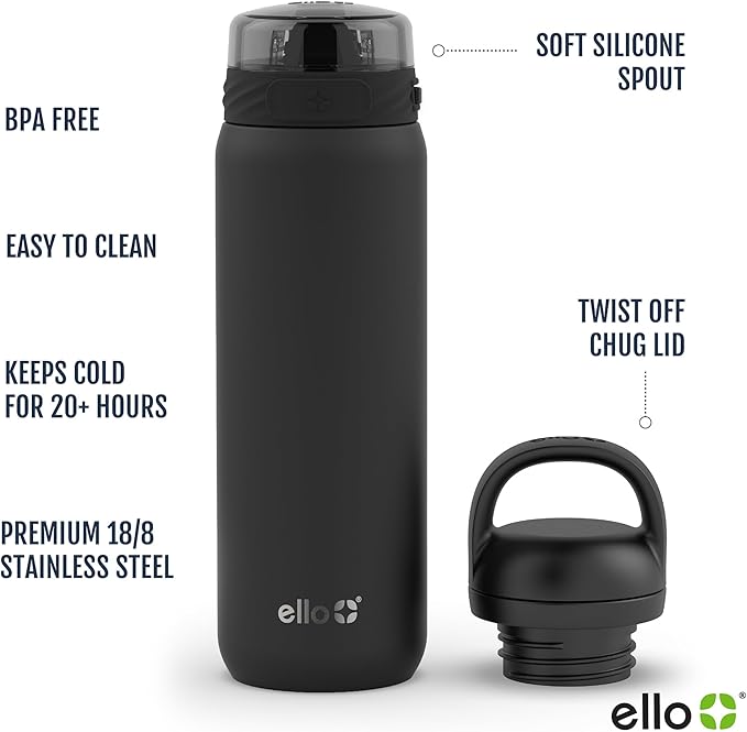 Ello Cooper 22oz Stainless Steel Water Bottle with 2 Lids Chug and Straw | Leak Proof Double Walled and Vacuum Insulated | Fits Car Cupholder | Built in Carry Loop | Dishwasher Safe | White