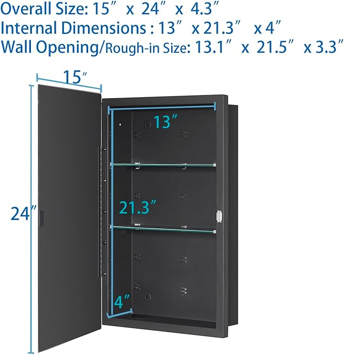 Black Bathroom Medicine Cabinet with Beveled Edge Mirrored Door 15 x 24 inch, Recessed or Surface Mount, with Adjustable Glass Shelves