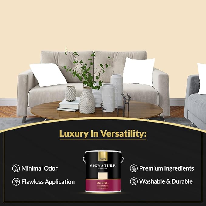 EVOLVE Signature Paint & Primer: Luxury Paint & Primer for Indoor & Outdoor Surfaces, Minimal Odor, Eggshell Sheen (Pinewood Yellow, 1 Gallon)