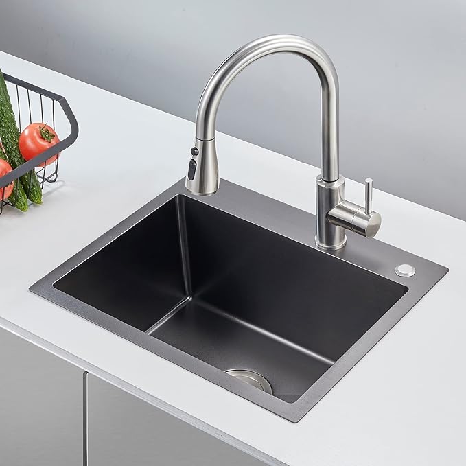 25 Inch Drop In Kitchen Sink, POPFLY 25x18 Black Stainless Steel Top mount Workstation Sink, 9 Inch Deep 18 Gauge One Bowl 2 Holes Sink