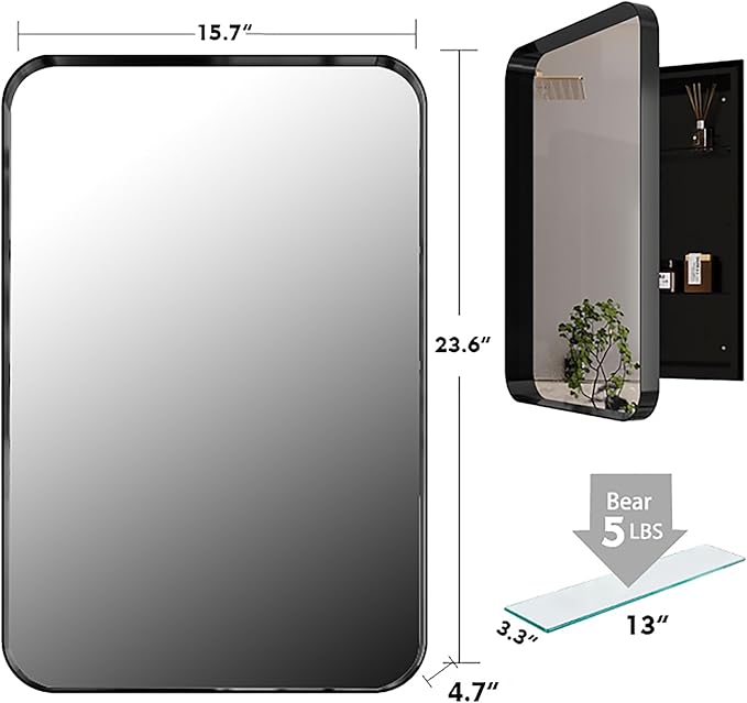 16x24 Inch Recessed Medicine Cabinet with Mirror and Adjustable Shelves,Wall Mounted Mirror Cabinet with Black Metal Framed and Storage for Bathroom (Black)
