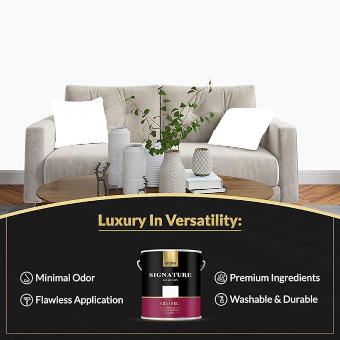 EVOLVE Signature Paint & Primer: Luxury Paint & Primer for Indoor & Outdoor Surfaces, Minimal Odor, Eggshell Sheen (Linen White, 1 Gallon)