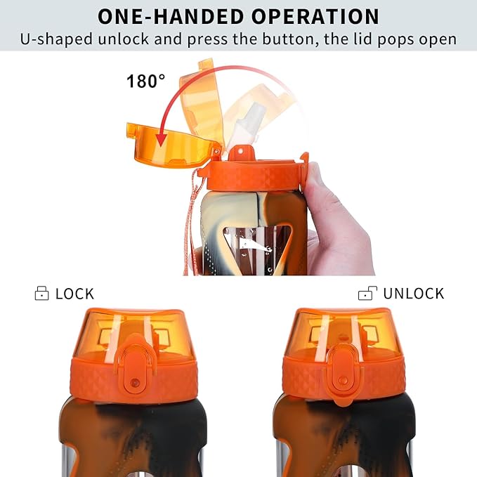 GOPPUS Glass Water Bottles with Straw and Flip Lid, Motivational Water Bottles with Time Marker Reminder and Silicone Sleeve, Leakproof, BPA Free (32 oz, Leopard Orange)